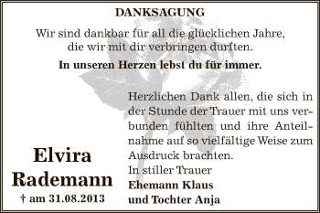 Traueranzeige von Elvira Rademann von Super Sonntag Bernburg