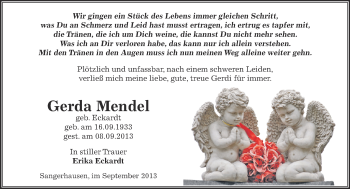Traueranzeige von Gerda Mendel von Super Sonntag SGH Mansf. Land