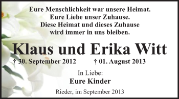 Traueranzeige von Klaus und Erika Witt von WVG - Wochenspiegel Quedlinburg