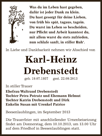 Traueranzeige von Karl-Heinz Drebenstedt von Super Sonntag Bernburg