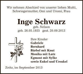 Traueranzeige von Inge Schwarz von Super Sonntag Zeitz