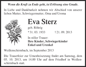 Traueranzeige von Eva Sterz von WVG - Wochenspiegel Merseburg