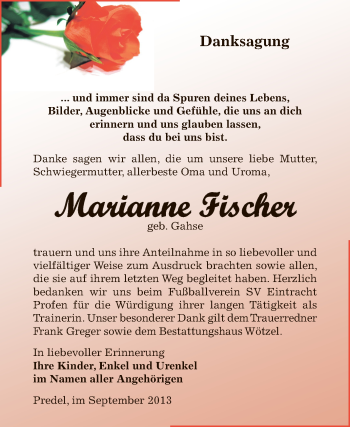 Traueranzeige von Marianne Fischer von Super Sonntag Zeitz
