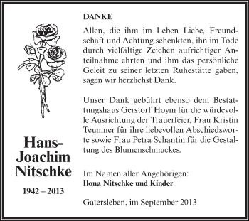 Traueranzeige von Hans-Joachim Nitschke von Super Sonntag Aschersleben
