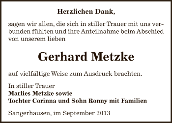 Traueranzeige von Gerhard Metzke von Super Sonntag SGH Mansf. Land