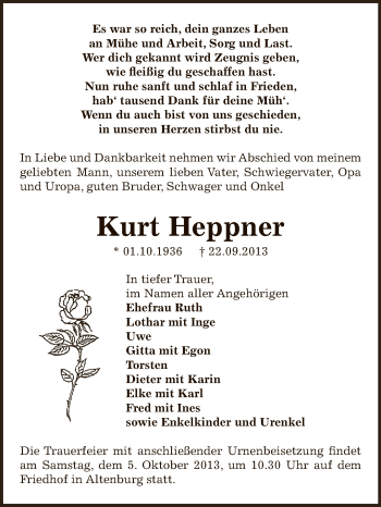 Traueranzeige von Kurt Heppner von Super Sonntag Bernburg