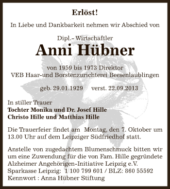 Traueranzeige von Anni Hübner von Super Sonntag Bernburg