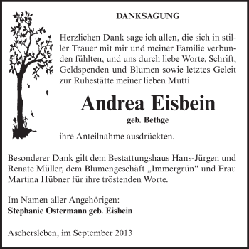 Traueranzeige von Andrea Eisbein von Super Sonntag Aschersleben