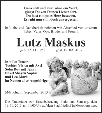 Traueranzeige von Lutz Maskus von WVG - Wochenspiegel Merseburg
