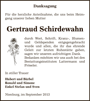 Traueranzeige von Gertraud Schirdewahn von Super Sonntag Bernburg