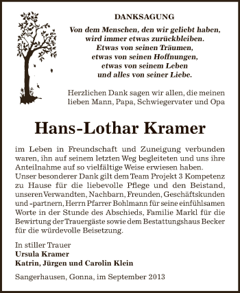 Traueranzeige von Hans-Lothar Kramer von Super Sonntag SGH Mansf. Land