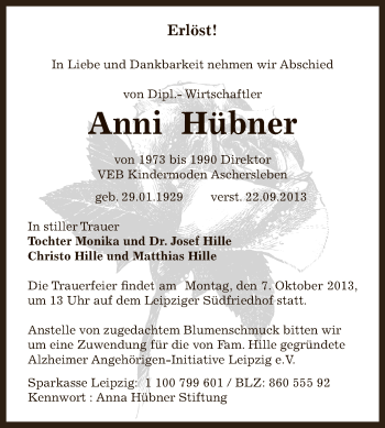 Traueranzeige von Anni Hübner von Super Sonntag Bernburg