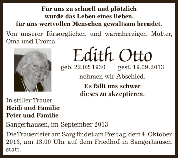 Traueranzeige von Edith Otto von Super Sonntag SGH Mansf. Land