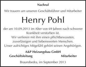 Traueranzeige von Henry Pohl von WVG - Wochenspiegel Merseburg