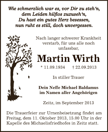 Traueranzeige von Martin Wirth von Super Sonntag Zeitz