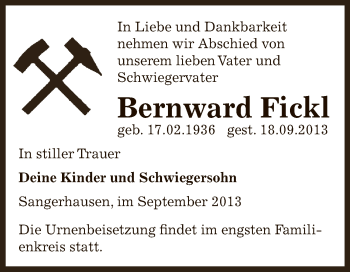 Traueranzeige von Bernward Fickl von Super Sonntag SGH Mansf. Land