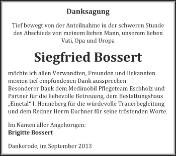 Traueranzeige von Siegfried Bossert von Super Sonntag Quedlinburg