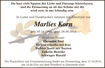 Traueranzeige von Marlies Korn von Super Sonntag Bernburg