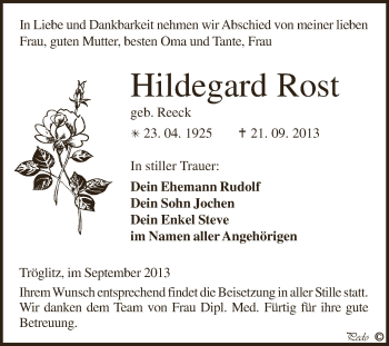 Traueranzeige von Hildegard Rost von Super Sonntag Zeitz