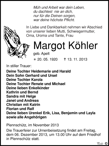 Traueranzeige von Marie Neubauer von Mitteldeutsche Zeitung Köthen