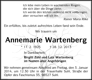 Traueranzeige von Annemarie Wartenberg von Mitteldeutsche Zeitung Halle/Saalkreis