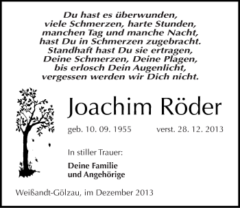 Traueranzeige von Joachim Röder von Mitteldeutsche Zeitung Köthen