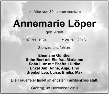 Traueranzeige von Annemarie Löper von Mitteldeutsche Zeitung Köthen