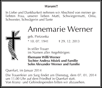 Traueranzeige von Annemarie Werner von Mitteldeutsche Zeitung Merseburg/Querfurt