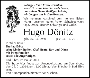 Traueranzeige von Hugo Dönitz von Mitteldeutsche Zeitung Naumburg/Nebra