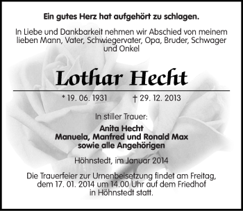Traueranzeige von Lothar Hecht von Mitteldeutsche Zeitung Halle/Saalkreis