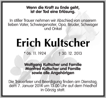 Traueranzeige von Erich Kultscher von Mitteldeutsche Zeitung Köthen