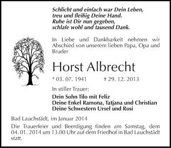 Traueranzeige von Horst Albrecht von Mitteldeutsche Zeitung Wittenberg