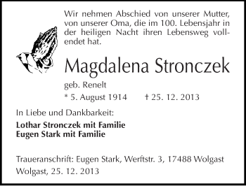 Traueranzeige von Magdalena Stronczek von Mitteldeutsche Zeitung Dessau-Roßlau