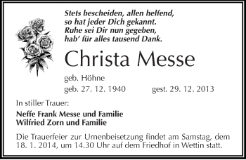 Traueranzeige von Christa Messe von Mitteldeutsche Zeitung Halle/Saalkreis