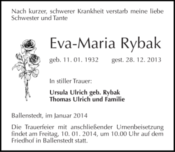 Traueranzeige von Eva-Maria Rybak von Mitteldeutsche Zeitung Quedlinburg