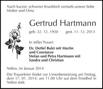Traueranzeige von Gertrud Hartmann von Mitteldeutsche Zeitung Naumburg/Nebra