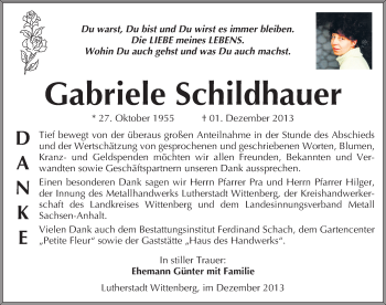 Traueranzeige von Gabriele Schildhauer von Mitteldeutsche Zeitung Wittenberg
