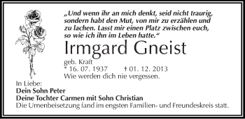 Traueranzeige von Irmgard Gneist von Mitteldeutsche Zeitung Halle/Saalkreis