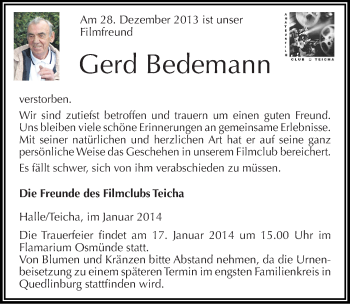 Traueranzeige von Gerd Bedemann von Mitteldeutsche Zeitung Halle/Saalkreis
