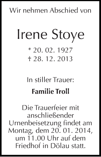 Traueranzeige von Irene Stoye von Mitteldeutsche Zeitung Halle/Saalkreis