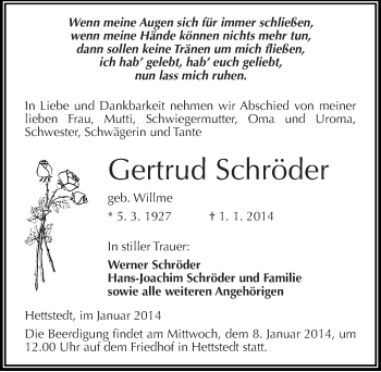 Traueranzeige von Gertrud Schröder von Mitteldeutsche Zeitung Mansfelder Land