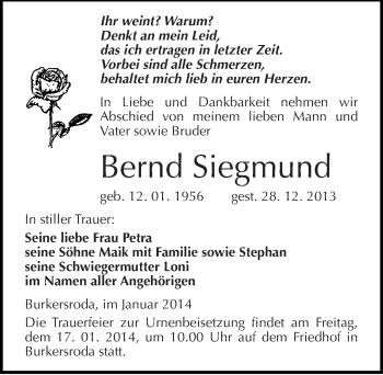 Traueranzeige von Bernd Siegmund von Mitteldeutsche Zeitung Naumburg/Nebra
