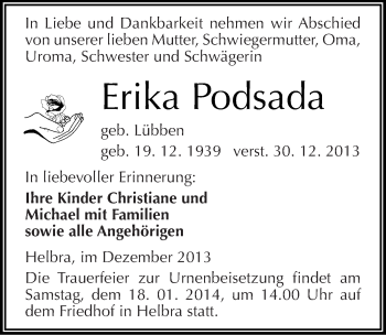 Traueranzeige von Erika Podsada von Mitteldeutsche Zeitung Mansfelder Land