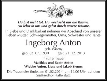 Traueranzeige von Ingeborg Anton von Mitteldeutsche Zeitung Halle/Saalkreis