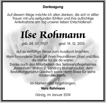 Traueranzeige von Ilse Rohmann von Mitteldeutsche Zeitung Köthen