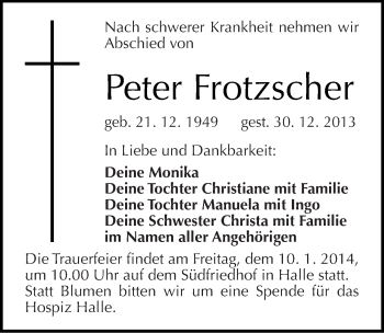 Traueranzeige von Peter Frotzscher von Mitteldeutsche Zeitung Halle/Saalkreis