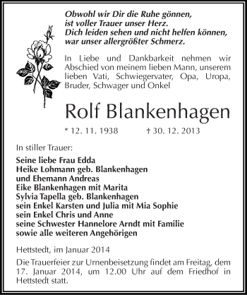 Traueranzeige von Rolf Blankenhagen von Mitteldeutsche Zeitung Mansfelder Land