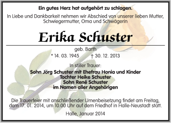 Traueranzeige von Erika Schuster von Mitteldeutsche Zeitung Halle/Saalkreis