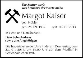 Traueranzeige von Margot Kaiser von Mitteldeutsche Zeitung Wittenberg