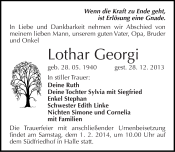 Traueranzeige von Lothar Georgi von Mitteldeutsche Zeitung Halle/Saalkreis